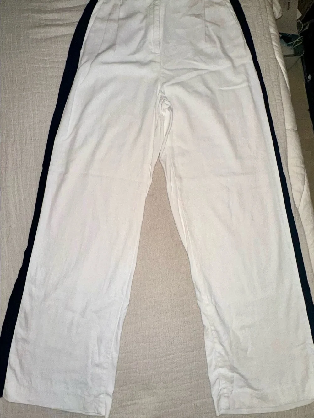 Zara White Linen Pants with Black Waist Label Detail
